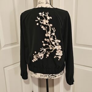 New York & Company NY&Co Black Bomber Crop Jacket Cherry Blossom Embroidery